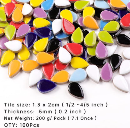 200g Ceramic Teardrop Mosaic Tiles, Green Yellow Blue Red Purple White Black Small Raindrop Petal Mosaics Ceramic Pieces for DIY Hobbies Mosaic Crafts Art Works & Deco (TD100)