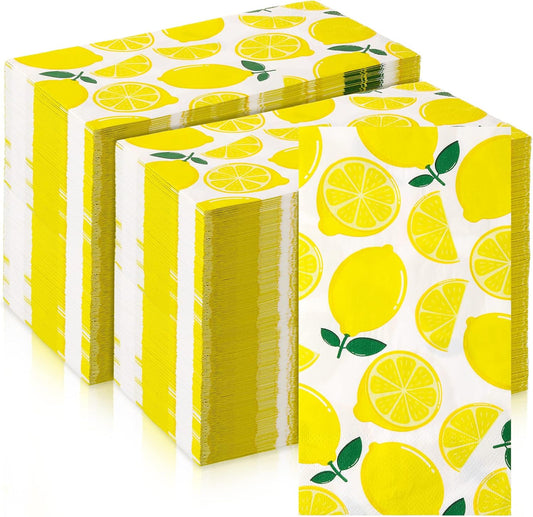 200 Pcs Lemon Guest Napkins 3 Ply Disposable Paper Yellow Citrus Fruit Lemons Decorative Napkins for Bathroom Powder Room Lime Floral Tropical Summer Spring Party Bridal Baby Shower Decorative Towels