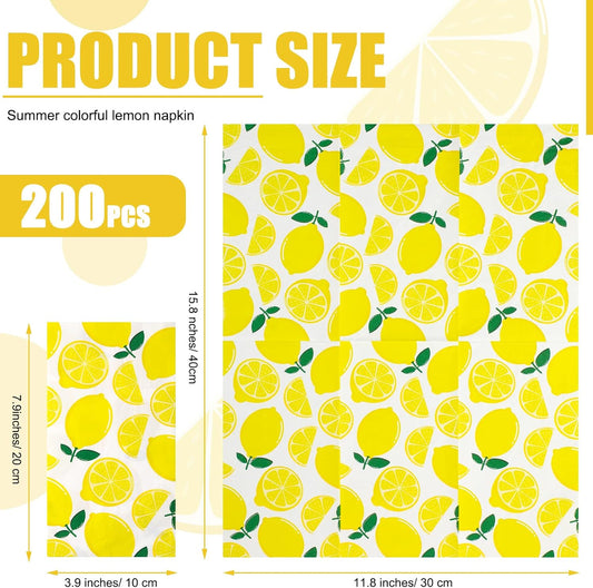 200 Pcs Lemon Guest Napkins 3 Ply Disposable Paper Yellow Citrus Fruit Lemons Decorative Napkins for Bathroom Powder Room Lime Floral Tropical Summer Spring Party Bridal Baby Shower Decorative Towels