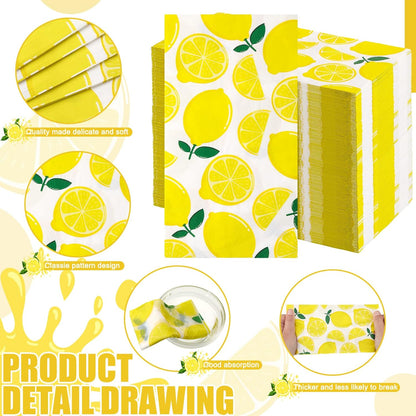 200 Pcs Lemon Guest Napkins 3 Ply Disposable Paper Yellow Citrus Fruit Lemons Decorative Napkins for Bathroom Powder Room Lime Floral Tropical Summer Spring Party Bridal Baby Shower Decorative Towels