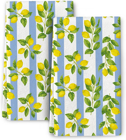 Lemon Kitchen Towels for Summer Kitchen Decor, Decorative Dish Towels Set of 2, Soft Absorbent Yellow Bathroom Hand Towels Tea Towels for Kitchen Drying Farmhourse Decoration