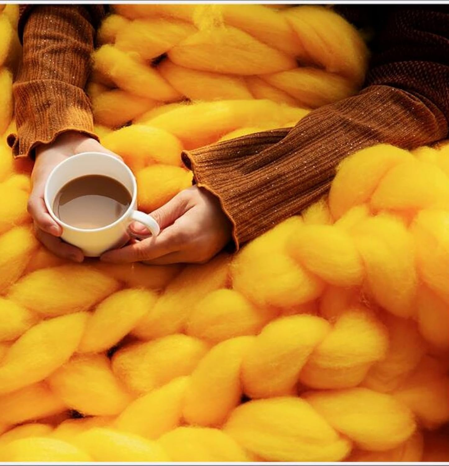 Chunky Knit Blanket Throw Cotton Throw Blanket 100% Handmade Warm & Cozy Blanket Couch Hand Knit Couch Throw Blanket Bed Home Decor Soft Breathable Fleece Throws,Yellow,60x60cm(24x24inch)