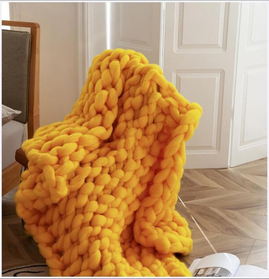 Chunky Knit Blanket Throw Cotton Throw Blanket 100% Handmade Warm & Cozy Blanket Couch Hand Knit Couch Throw Blanket Bed Home Decor Soft Breathable Fleece Throws,Yellow,60x60cm(24x24inch)