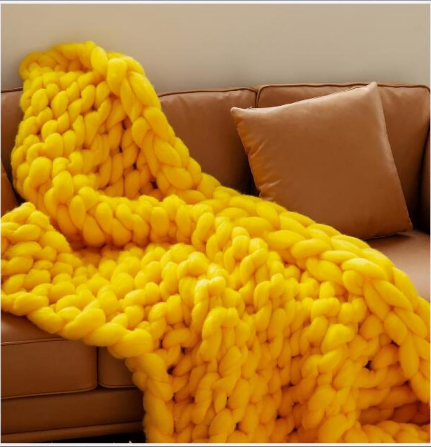 Chunky Knit Blanket Throw Cotton Throw Blanket 100% Handmade Warm & Cozy Blanket Couch Hand Knit Couch Throw Blanket Bed Home Decor Soft Breathable Fleece Throws,Yellow,60x60cm(24x24inch)