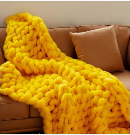 Chunky Knit Blanket Throw Cotton Throw Blanket 100% Handmade Warm & Cozy Blanket Couch Hand Knit Couch Throw Blanket Bed Home Decor Soft Breathable Fleece Throws,Yellow,60x60cm(24x24inch)