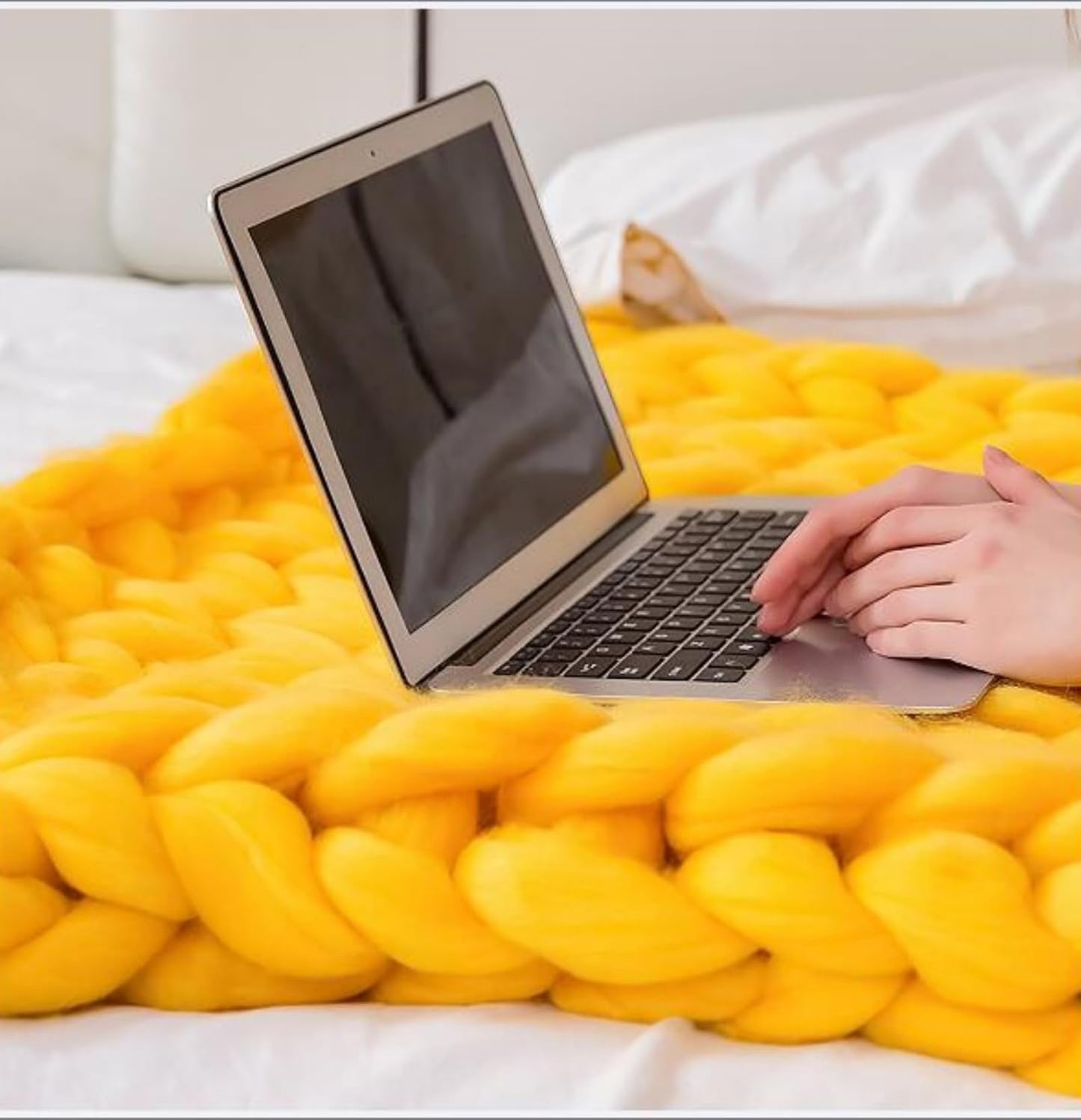 Chunky Knit Blanket Throw Cotton Throw Blanket 100% Handmade Warm & Cozy Blanket Couch Hand Knit Couch Throw Blanket Bed Home Decor Soft Breathable Fleece Throws,Yellow,60x60cm(24x24inch)