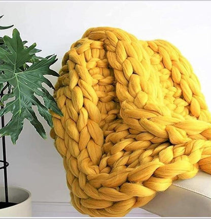 Chunky Knit Blanket Throw Cotton Throw Blanket 100% Handmade Warm & Cozy Blanket Couch Hand Knit Couch Throw Blanket Bed Home Decor Soft Breathable Fleece Throws,Yellow,60x60cm(24x24inch)