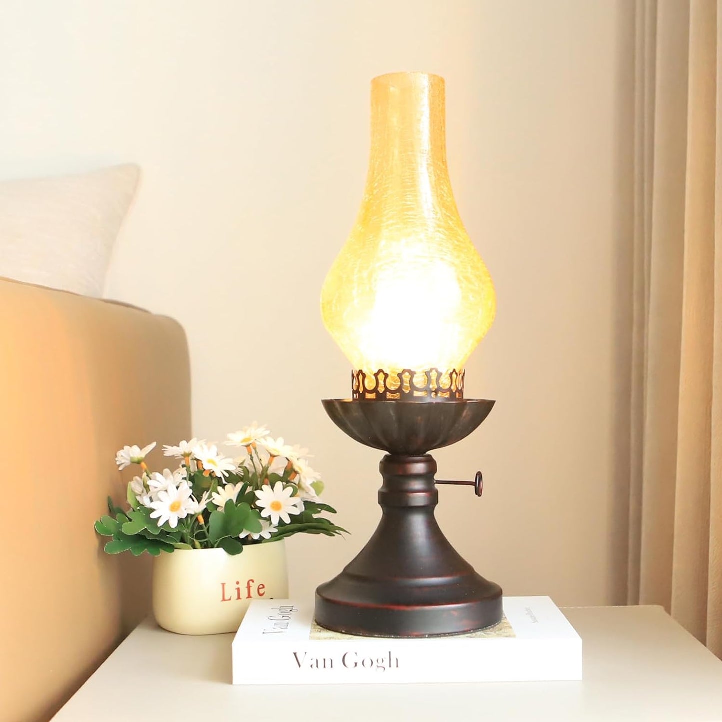 Rustic Lamp,Retro Bedside Lamps,Farmhouse Lamp,Bedroom lamp,Lamps for Nightstand,Industiral Table Lamp with Glass lampshade,Bulb Included (Yellow Glass)
