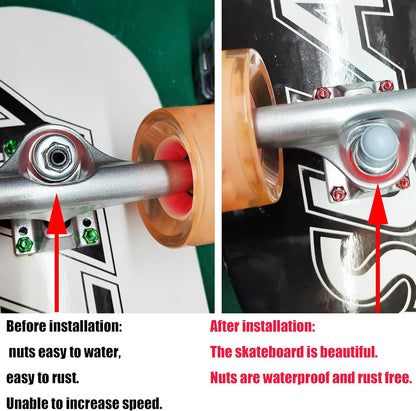 8 Pcs 5/16 Skateboard Truck Nuts Trim Cover Skateboard Nuts Protection Cap Prevent Screws from Rusting and 4 Protective Sleeves 3/8 Center Column Nuts