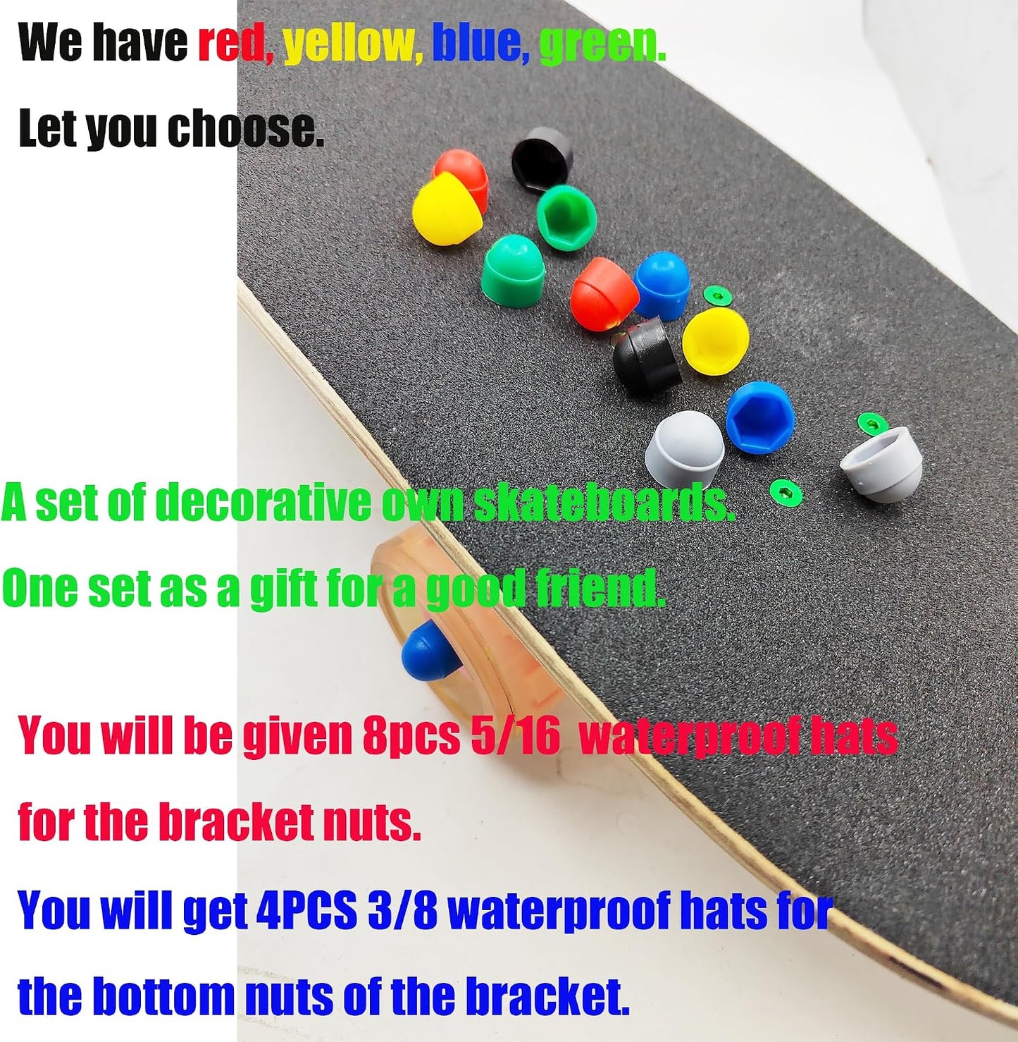 8 Pcs 5/16 Skateboard Truck Nuts Trim Cover Skateboard Nuts Protection Cap Prevent Screws from Rusting and 4 Protective Sleeves 3/8 Center Column Nuts