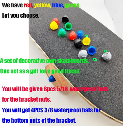 8 Pcs 5/16 Skateboard Truck Nuts Trim Cover Skateboard Nuts Protection Cap Prevent Screws from Rusting and 4 Protective Sleeves 3/8 Center Column Nuts