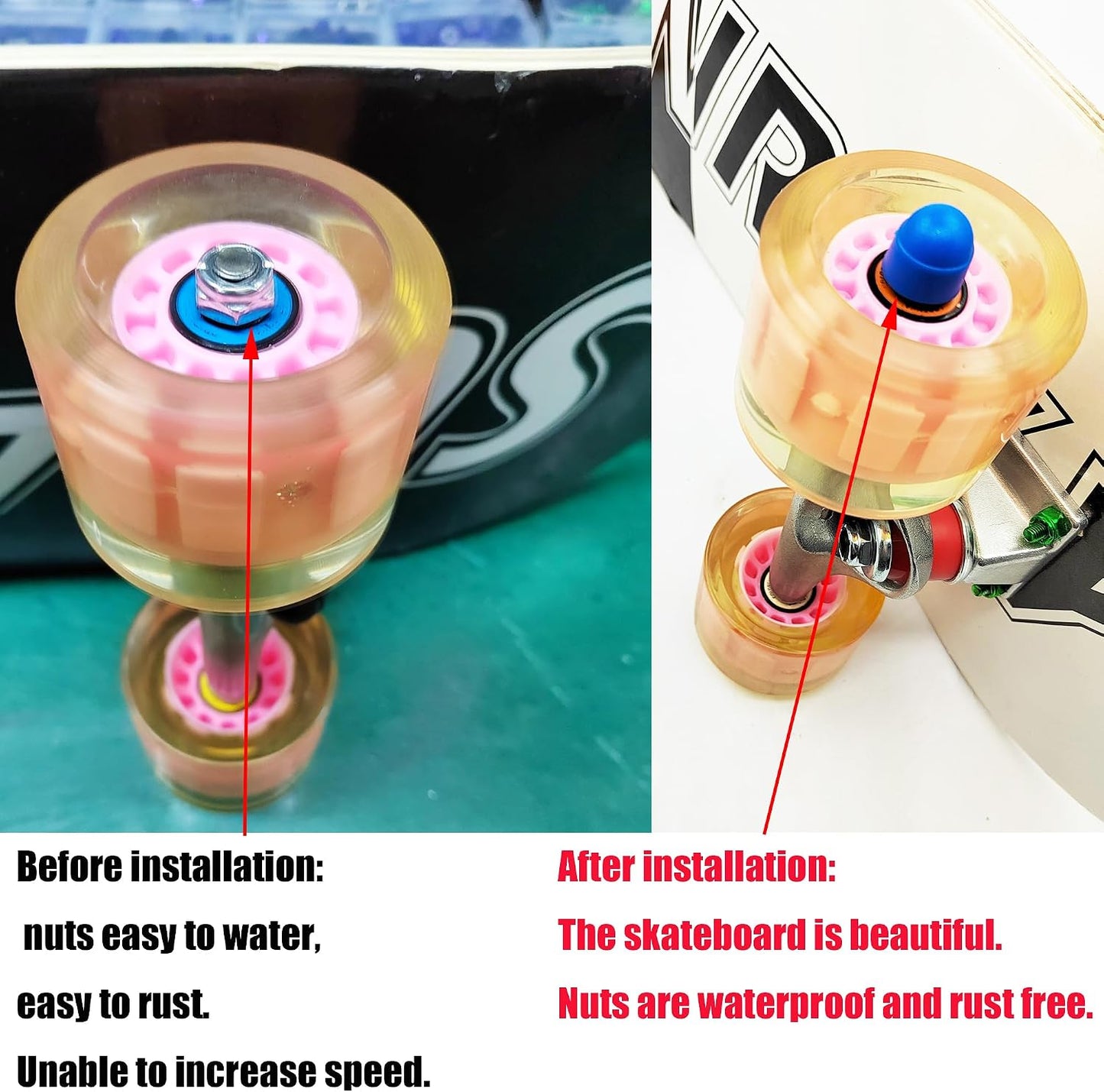 8 Pcs 5/16 Skateboard Truck Nuts Trim Cover Skateboard Nuts Protection Cap Prevent Screws from Rusting and 4 Protective Sleeves 3/8 Center Column Nuts