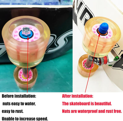 8 Pcs 5/16 Skateboard Truck Nuts Trim Cover Skateboard Nuts Protection Cap Prevent Screws from Rusting and 4 Protective Sleeves 3/8 Center Column Nuts