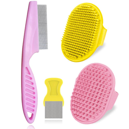 4Pack Pet Grooming Brush Kit, Dog Bath Brush Flea Comb for Dogs Pet Shampoo Brush Soothing Massage Rubber Comb Flea Lice Comb Cat Tear Stain Comb Dog Brush for Shedding, Pink+Yellow