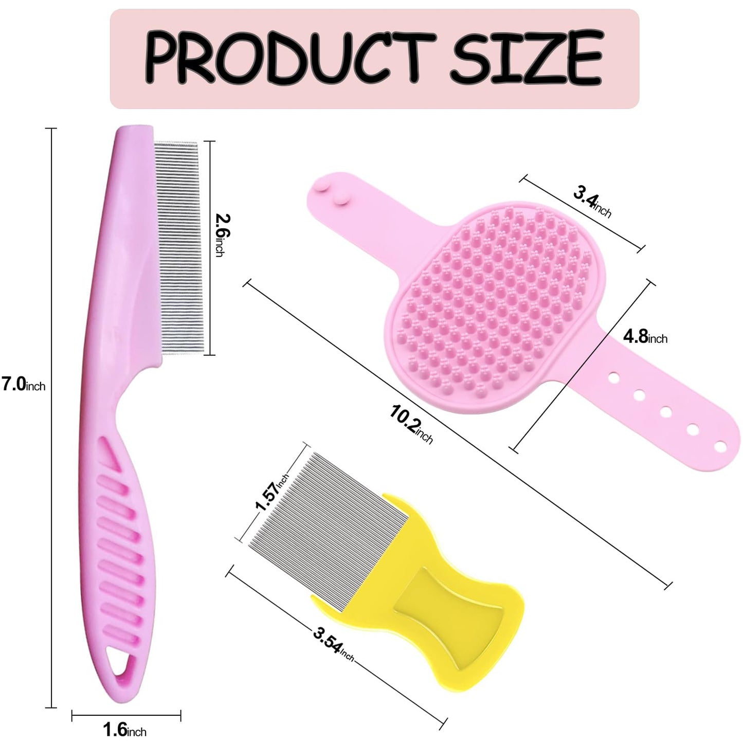 4Pack Pet Grooming Brush Kit, Dog Bath Brush Flea Comb for Dogs Pet Shampoo Brush Soothing Massage Rubber Comb Flea Lice Comb Cat Tear Stain Comb Dog Brush for Shedding, Pink+Yellow