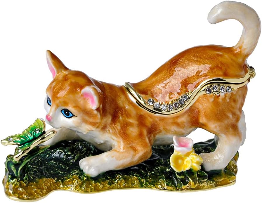 Cat Trinket Box, 3.5" Cat Figurine with Butterfly, Hinged Jewelry Box | Hand-Painted Enamels, Gold-Plated Animal, White Crystals, Home Decor & Gift Giving