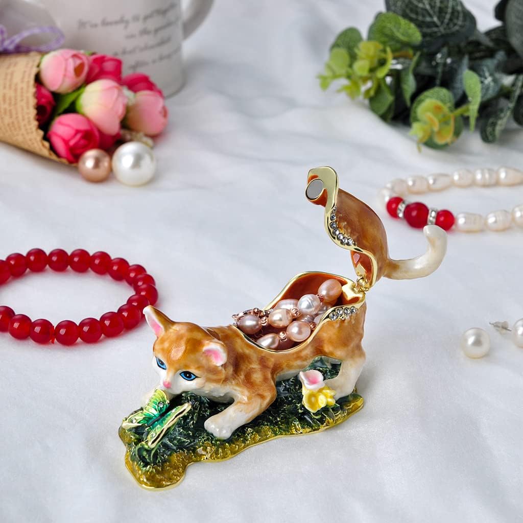 Cat Trinket Box, 3.5" Cat Figurine with Butterfly, Hinged Jewelry Box | Hand-Painted Enamels, Gold-Plated Animal, White Crystals, Home Decor & Gift Giving