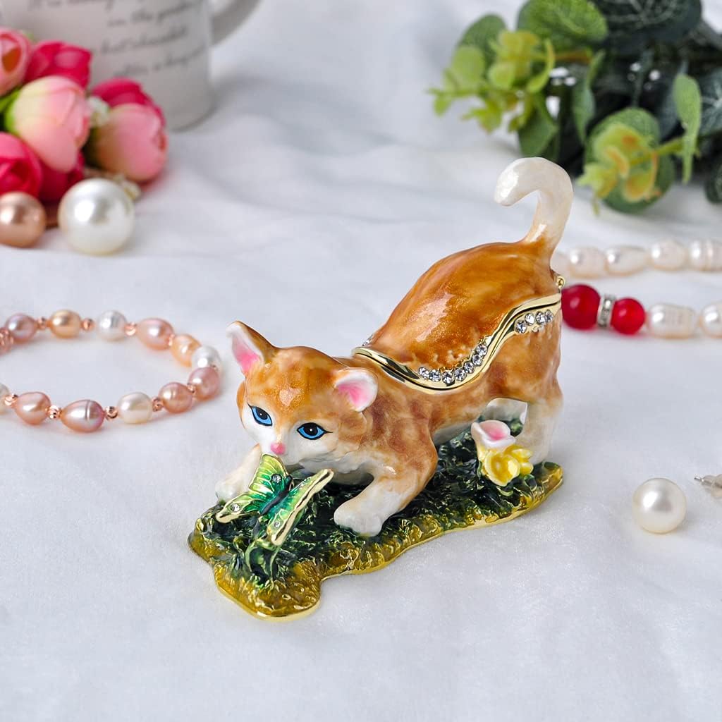 Cat Trinket Box, 3.5" Cat Figurine with Butterfly, Hinged Jewelry Box | Hand-Painted Enamels, Gold-Plated Animal, White Crystals, Home Decor & Gift Giving