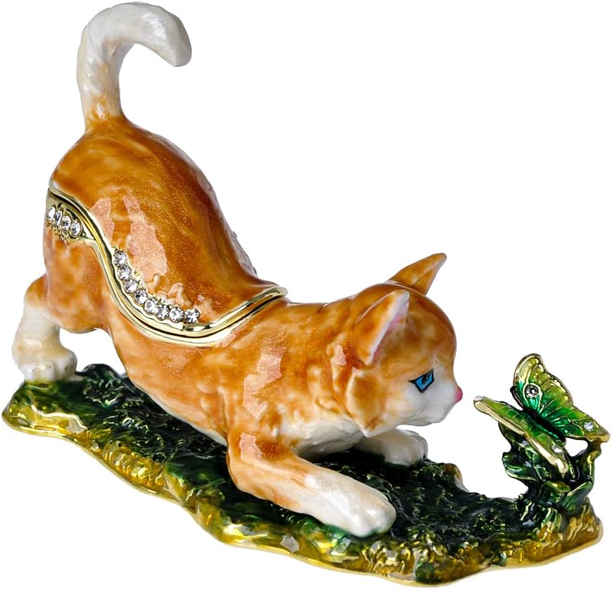 Cat Trinket Box, 3.5" Cat Figurine with Butterfly, Hinged Jewelry Box | Hand-Painted Enamels, Gold-Plated Animal, White Crystals, Home Decor & Gift Giving