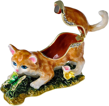 Cat Trinket Box, 3.5" Cat Figurine with Butterfly, Hinged Jewelry Box | Hand-Painted Enamels, Gold-Plated Animal, White Crystals, Home Decor & Gift Giving