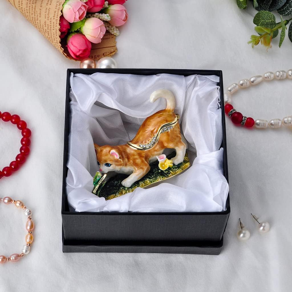 Cat Trinket Box, 3.5" Cat Figurine with Butterfly, Hinged Jewelry Box | Hand-Painted Enamels, Gold-Plated Animal, White Crystals, Home Decor & Gift Giving