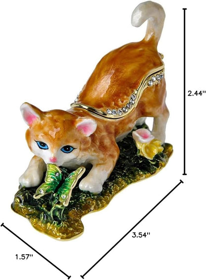 Cat Trinket Box, 3.5" Cat Figurine with Butterfly, Hinged Jewelry Box | Hand-Painted Enamels, Gold-Plated Animal, White Crystals, Home Decor & Gift Giving