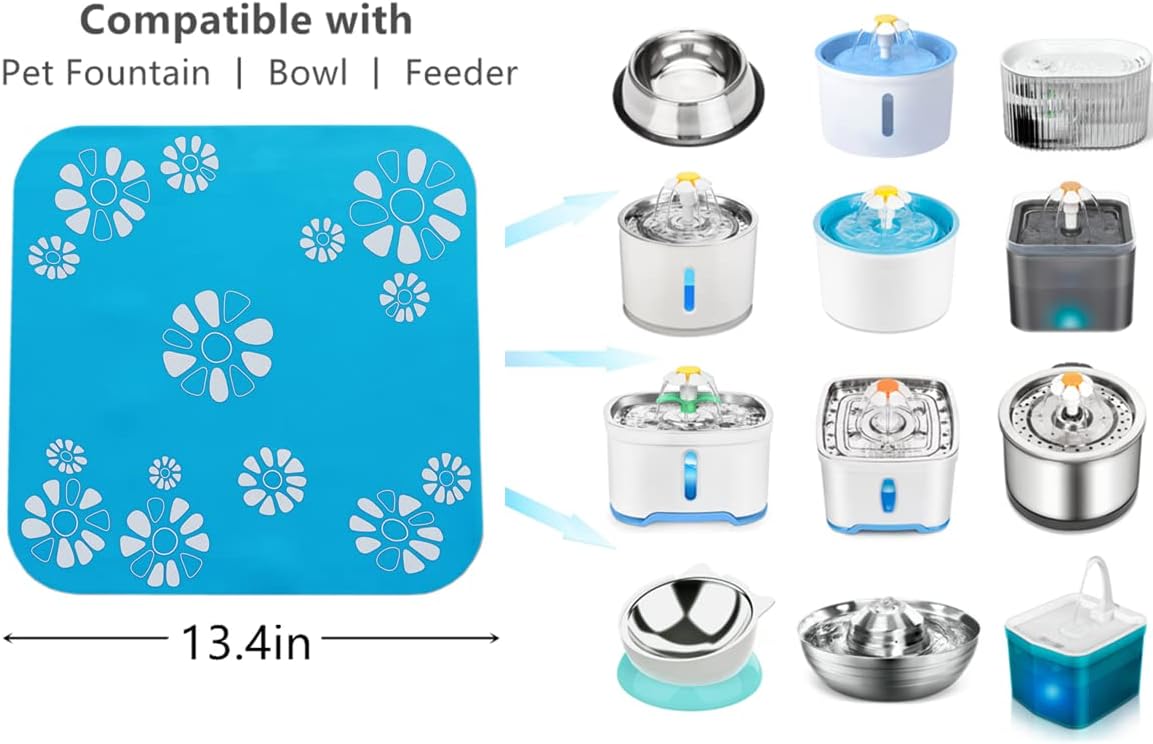 Silicone Pad for Pet Water Fountains, 13.4in Large Size Square Silicone Feeding Mat, Dog Cat Bowl/Water Dispenser Mat, Non-Slip Flowers Pattern Pad (Yellow Ground)