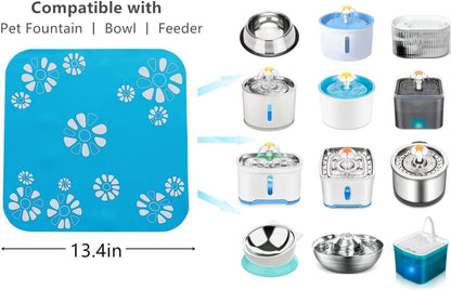 Silicone Pad for Pet Water Fountains, 13.4in Large Size Square Silicone Feeding Mat, Dog Cat Bowl/Water Dispenser Mat, Non-Slip Flowers Pattern Pad (Yellow Ground)
