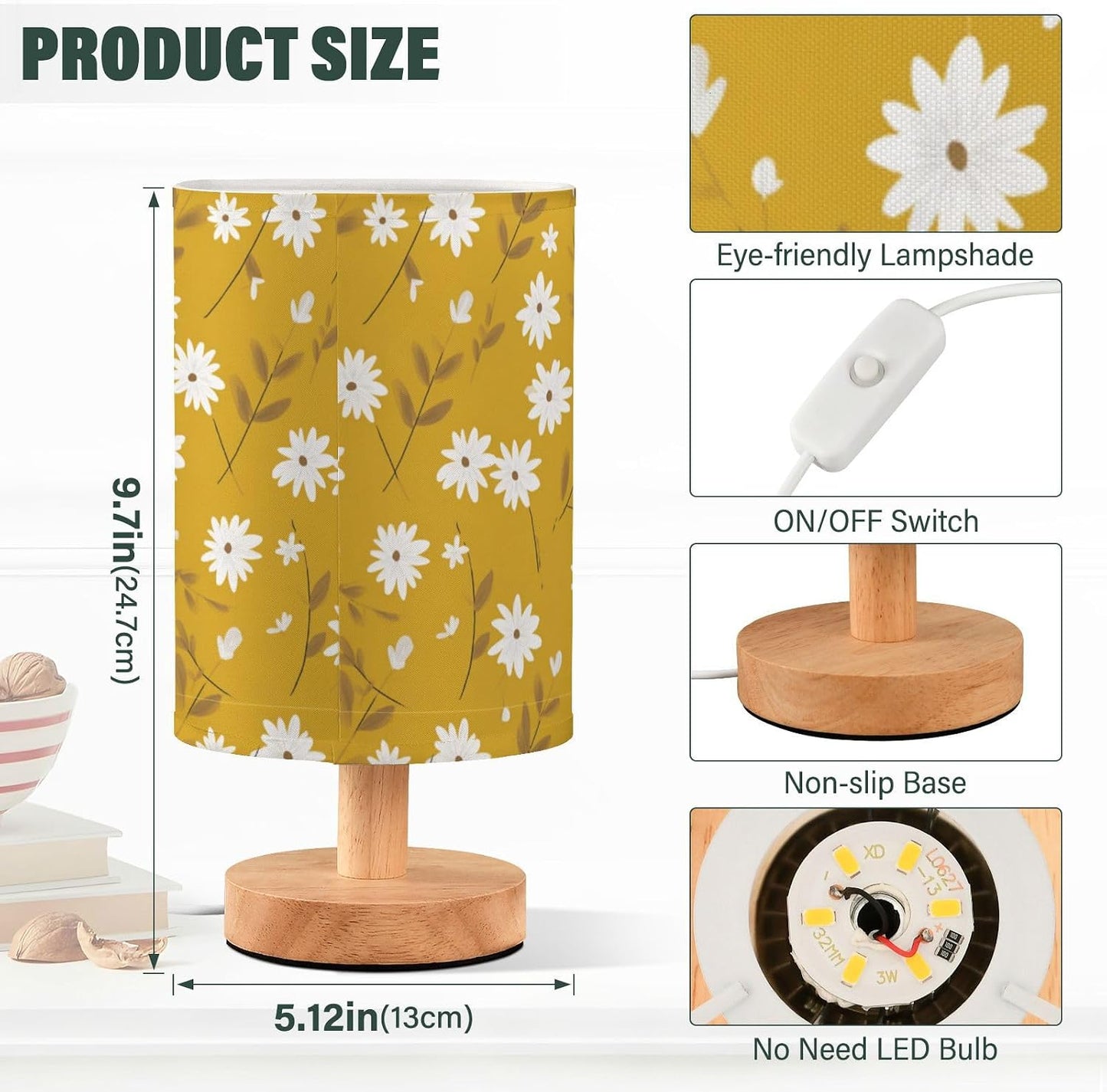 Bedside Table Lamp White Daisy Flower Bright Yellow (1) Kids Nightstand Lamp Night Light Fabric Shade for Bedroom Living Room Home