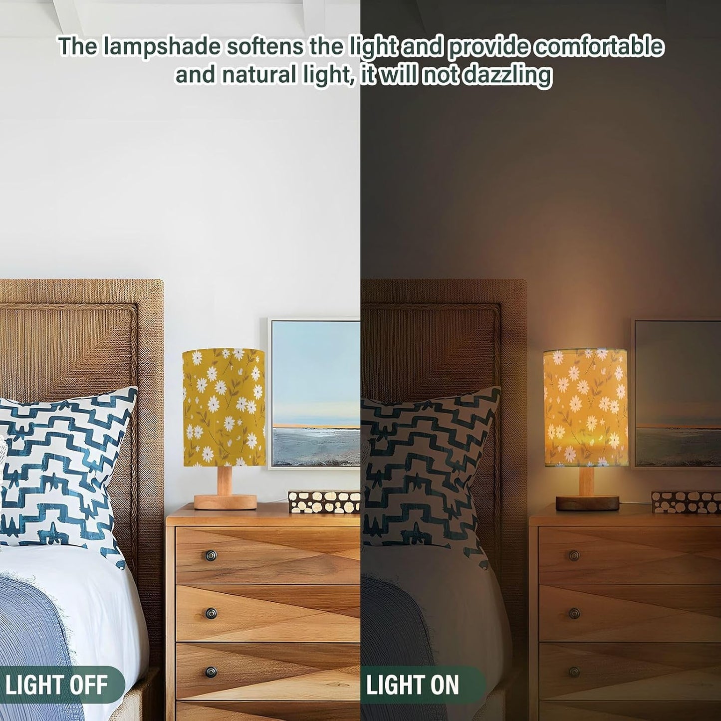 Bedside Table Lamp White Daisy Flower Bright Yellow (1) Kids Nightstand Lamp Night Light Fabric Shade for Bedroom Living Room Home
