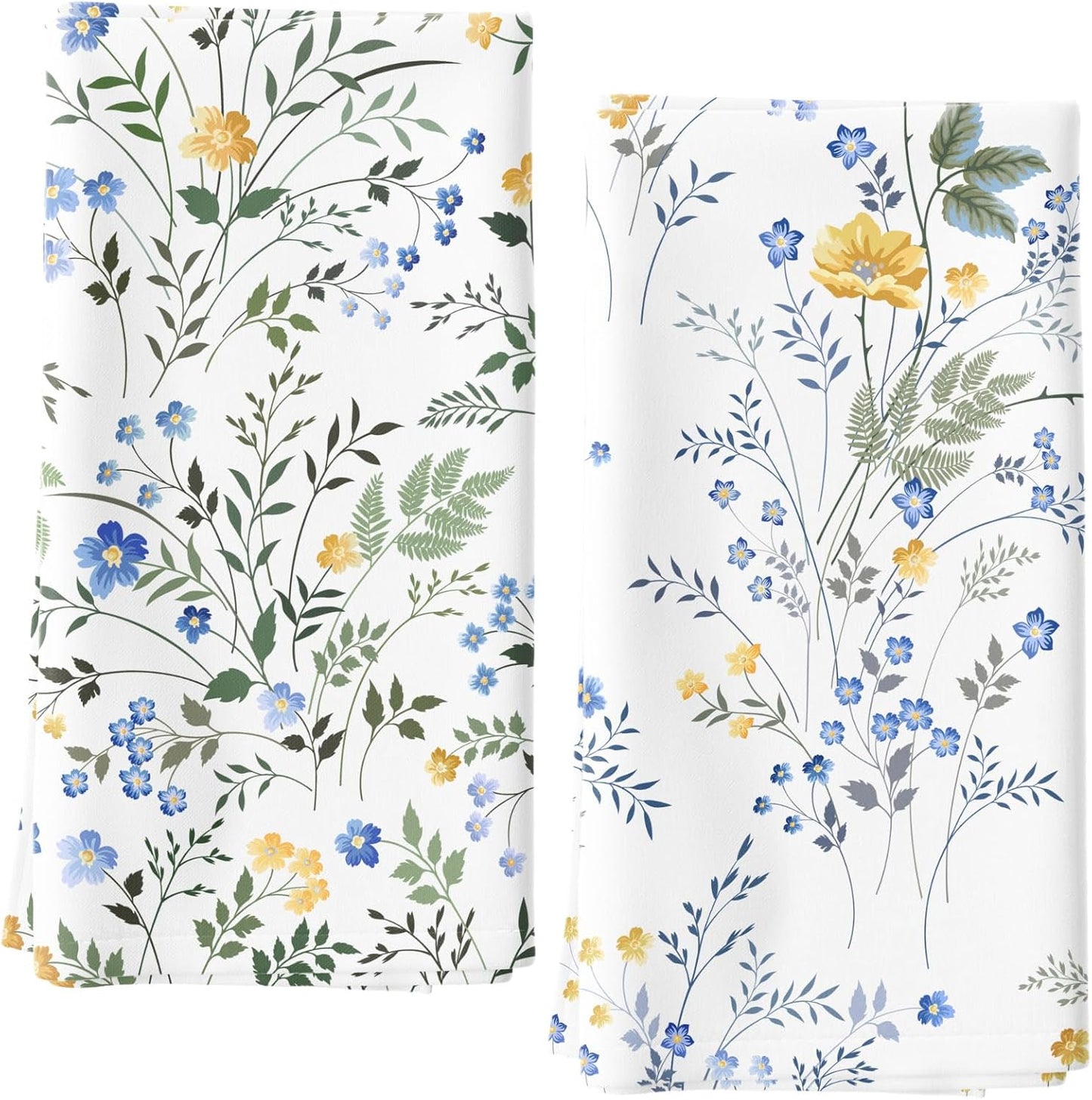 Blue Wildflower Spring Kitchen Towels, Plant Green Leaf and Yellow Floral Absorbent Dish Towels for Kitchen, Country Blue Floral Hand Towels Decorations Set of 2, 18x26 Inch