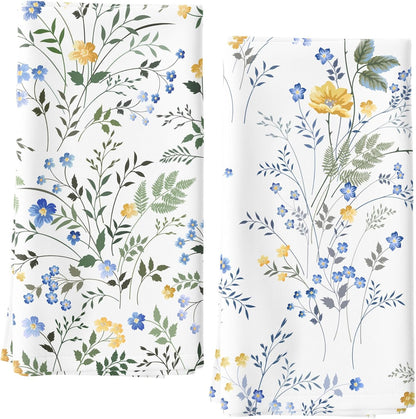 Blue Wildflower Spring Kitchen Towels, Plant Green Leaf and Yellow Floral Absorbent Dish Towels for Kitchen, Country Blue Floral Hand Towels Decorations Set of 2, 18x26 Inch