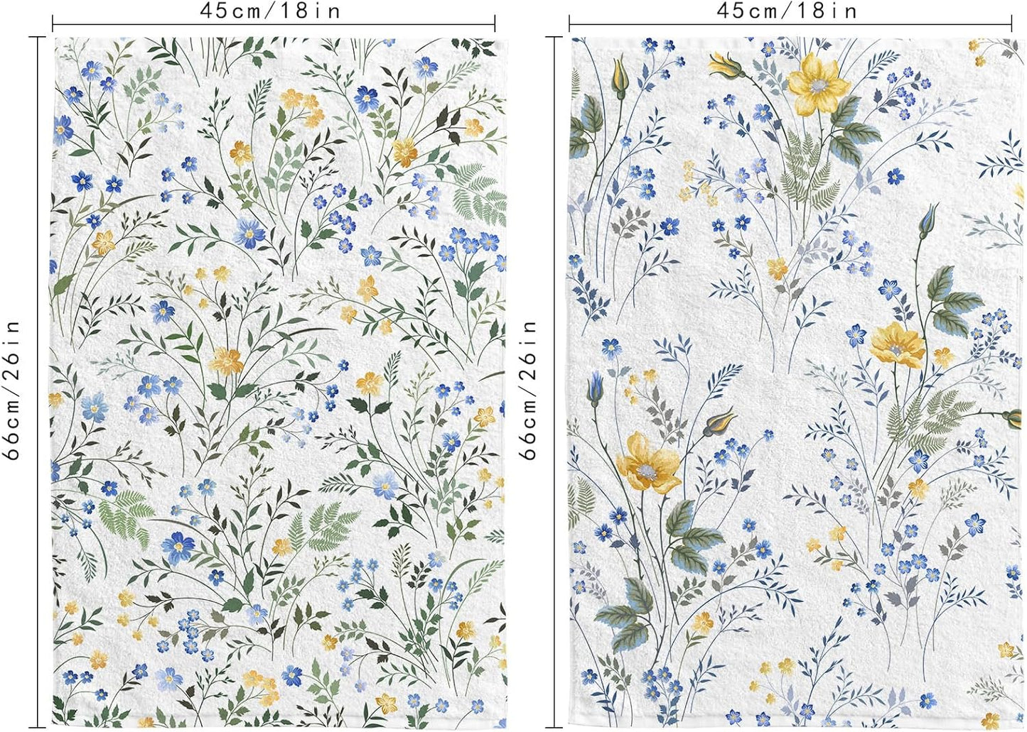 Blue Wildflower Spring Kitchen Towels, Plant Green Leaf and Yellow Floral Absorbent Dish Towels for Kitchen, Country Blue Floral Hand Towels Decorations Set of 2, 18x26 Inch