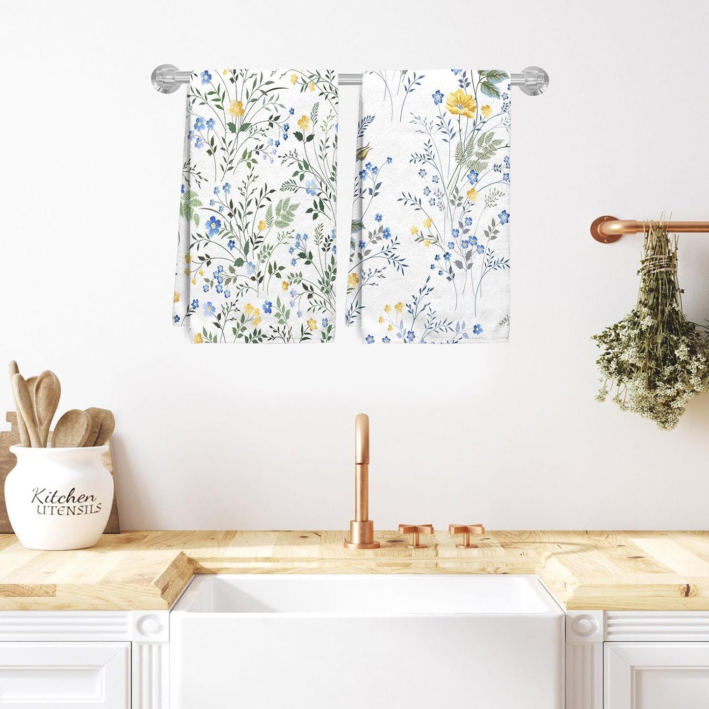 Blue Wildflower Spring Kitchen Towels, Plant Green Leaf and Yellow Floral Absorbent Dish Towels for Kitchen, Country Blue Floral Hand Towels Decorations Set of 2, 18x26 Inch