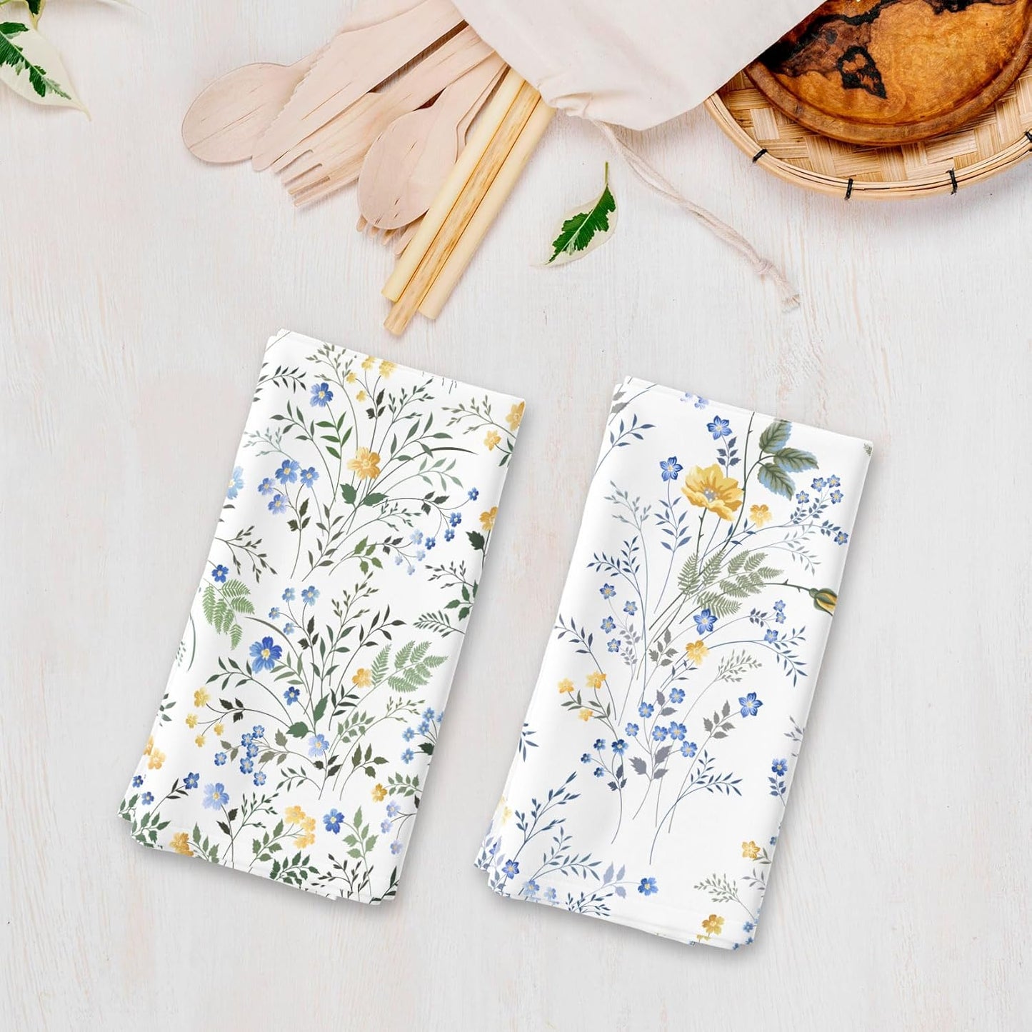 Blue Wildflower Spring Kitchen Towels, Plant Green Leaf and Yellow Floral Absorbent Dish Towels for Kitchen, Country Blue Floral Hand Towels Decorations Set of 2, 18x26 Inch