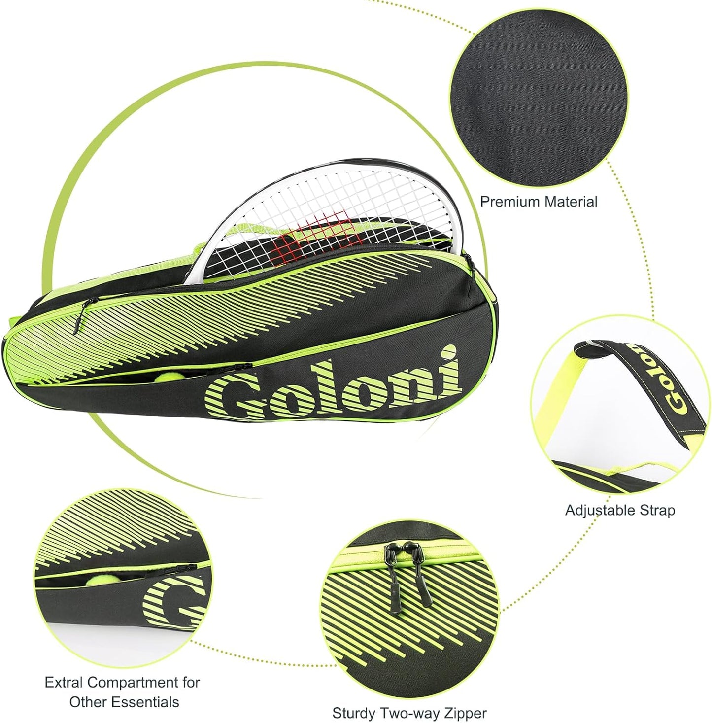 Goloni | 3 Racquet Tennis Bag, for Professional or Beginner Tennis Players, Rackets Cover Bag with Protective Pad & Lightweight | Unisex Design for Men, Women, Youth and Adults