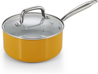 Classic 3 Quart Ceramic Nonstick Saucepan with Glass Lid, Everyday Soup Pasta Oatmeal Cooking Pan, Non Stick Sauce Pan Pot, Stay-Cool Handle, Induction Ready, Yellow