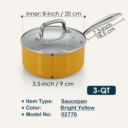 Classic 3 Quart Ceramic Nonstick Saucepan with Glass Lid, Everyday Soup Pasta Oatmeal Cooking Pan, Non Stick Sauce Pan Pot, Stay-Cool Handle, Induction Ready, Yellow