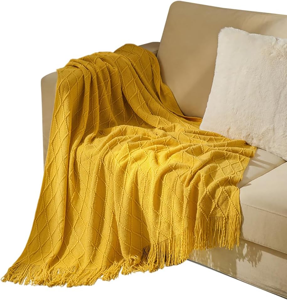 Soft Cozy Cable Knitted Blanket Throw, Textured Cream Bed Throw Blanket with Fringes for Couch Chairs Bed Sofa, Yellow