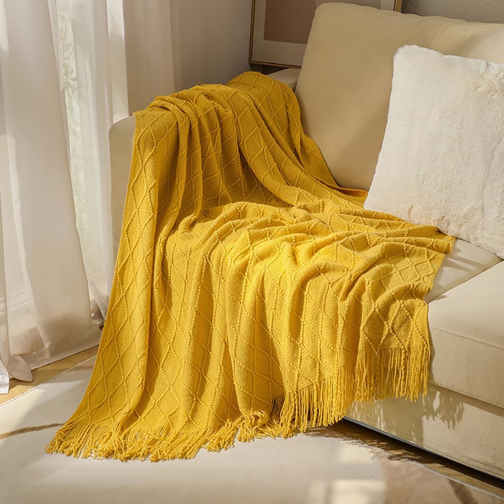 Soft Cozy Cable Knitted Blanket Throw, Textured Cream Bed Throw Blanket with Fringes for Couch Chairs Bed Sofa, Yellow