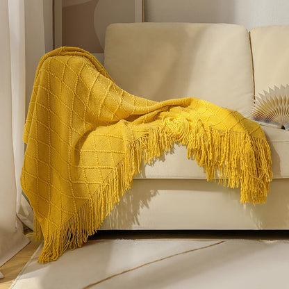 Soft Cozy Cable Knitted Blanket Throw, Textured Cream Bed Throw Blanket with Fringes for Couch Chairs Bed Sofa, Yellow