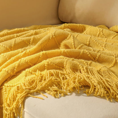 Soft Cozy Cable Knitted Blanket Throw, Textured Cream Bed Throw Blanket with Fringes for Couch Chairs Bed Sofa, Yellow