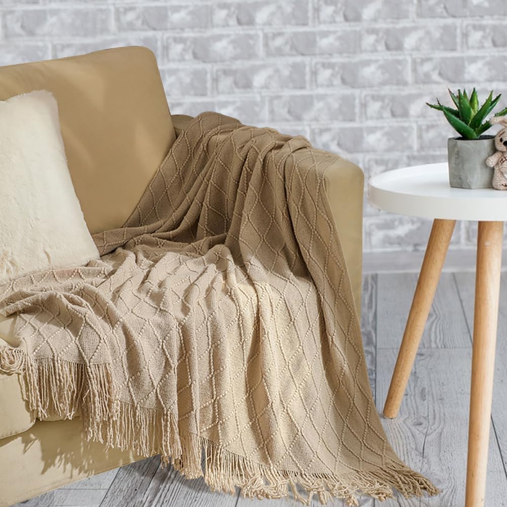 Soft Cozy Cable Knitted Blanket Throw, Textured Cream Bed Throw Blanket with Fringes for Couch Chairs Bed Sofa, Yellow