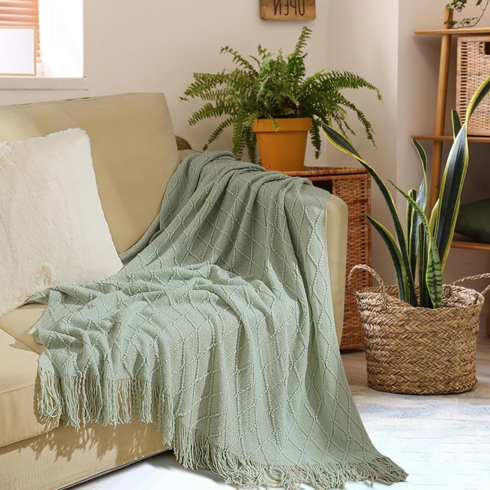 Soft Cozy Cable Knitted Blanket Throw, Textured Cream Bed Throw Blanket with Fringes for Couch Chairs Bed Sofa, Yellow