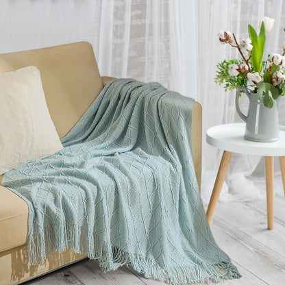 Soft Cozy Cable Knitted Blanket Throw, Textured Cream Bed Throw Blanket with Fringes for Couch Chairs Bed Sofa, Yellow