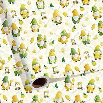 Lemon Gnome Wrapping Paper Roll, Fresh Citrus Fruit Gift Wrap | 17 in x 16.4 ft, birthdays, baby showers, summer parties, seasonal celebrations, DIY paper crafts, gift baskets