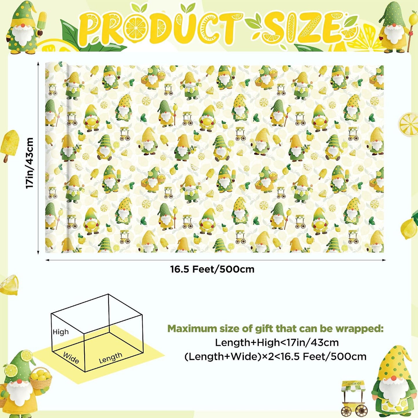 Lemon Gnome Wrapping Paper Roll, Fresh Citrus Fruit Gift Wrap | 17 in x 16.4 ft, birthdays, baby showers, summer parties, seasonal celebrations, DIY paper crafts, gift baskets