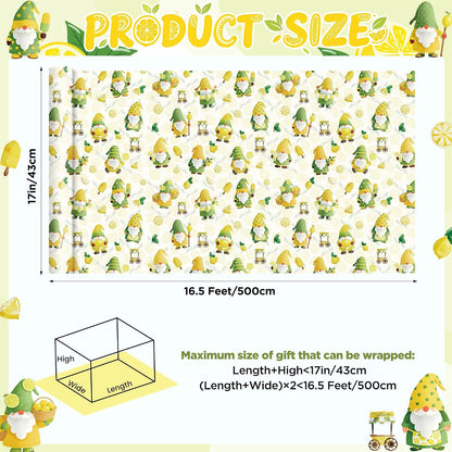 Lemon Gnome Wrapping Paper Roll, Fresh Citrus Fruit Gift Wrap | 17 in x 16.4 ft, birthdays, baby showers, summer parties, seasonal celebrations, DIY paper crafts, gift baskets