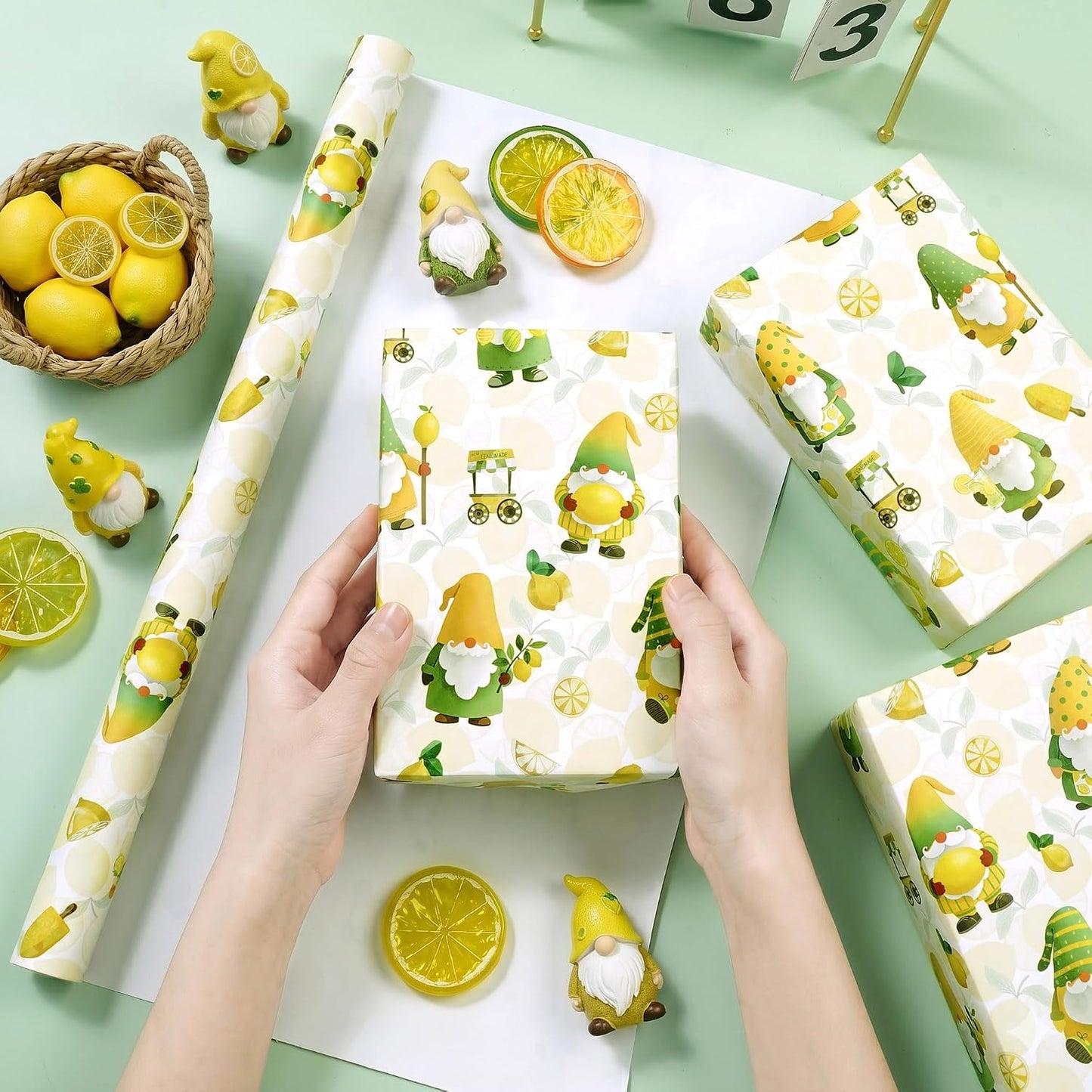 Lemon Gnome Wrapping Paper Roll, Fresh Citrus Fruit Gift Wrap | 17 in x 16.4 ft, birthdays, baby showers, summer parties, seasonal celebrations, DIY paper crafts, gift baskets