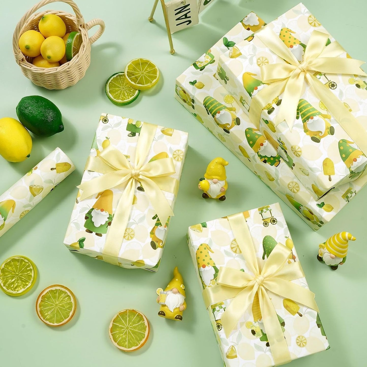 Lemon Gnome Wrapping Paper Roll, Fresh Citrus Fruit Gift Wrap | 17 in x 16.4 ft, birthdays, baby showers, summer parties, seasonal celebrations, DIY paper crafts, gift baskets